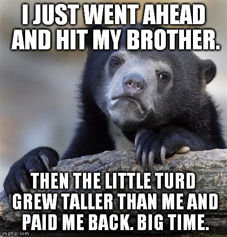Confession Bear Meme | I JUST WENT AHEAD AND HIT MY BROTHER. THEN THE LITTLE TURD GREW TALLER THAN ME AND PAID ME BACK. BIG TIME. | image tagged in memes,confession bear | made w/ Imgflip meme maker