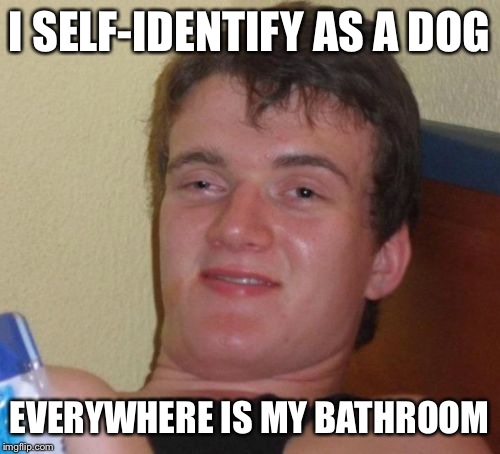 10 Guy Meme | I SELF-IDENTIFY AS A DOG; EVERYWHERE IS MY BATHROOM | image tagged in memes,10 guy,transgender,transgender bathroom,dog | made w/ Imgflip meme maker