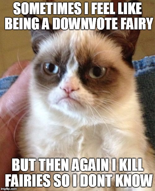 Grumpy Cat | SOMETIMES I FEEL LIKE BEING A DOWNVOTE FAIRY; BUT THEN AGAIN I KILL FAIRIES SO I DONT KNOW | image tagged in memes,grumpy cat | made w/ Imgflip meme maker