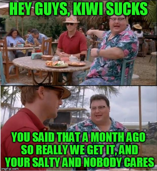 See Nobody Cares Meme | HEY GUYS, KIWI SUCKS; YOU SAID THAT A MONTH AGO SO REALLY WE GET IT, AND YOUR SALTY AND NOBODY CARES | image tagged in memes,see nobody cares | made w/ Imgflip meme maker