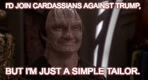 Just a Tailor | I'D JOIN CARDASSIANS AGAINST TRUMP, BUT I'M JUST A SIMPLE TAILOR. | image tagged in just a tailor | made w/ Imgflip meme maker
