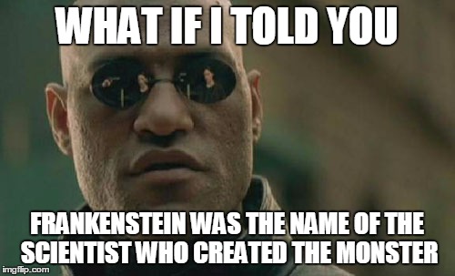 Matrix Morpheus Meme | WHAT IF I TOLD YOU FRANKENSTEIN WAS THE NAME OF THE SCIENTIST WHO CREATED THE MONSTER | image tagged in memes,matrix morpheus | made w/ Imgflip meme maker