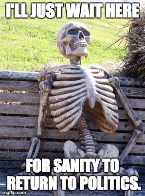 Waiting Skeleton Meme | I'LL JUST WAIT HERE; FOR SANITY TO RETURN TO POLITICS. | image tagged in memes,waiting skeleton | made w/ Imgflip meme maker