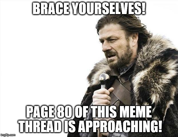 Brace Yourselves X is Coming Meme | BRACE YOURSELVES! PAGE 80 OF THIS MEME THREAD IS APPROACHING! | image tagged in memes,brace yourselves x is coming | made w/ Imgflip meme maker