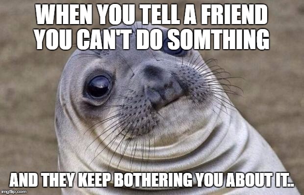 just stop | WHEN YOU TELL A FRIEND YOU CAN'T DO SOMTHING; AND THEY KEEP BOTHERING YOU ABOUT IT.. | image tagged in memes,awkward moment sealion | made w/ Imgflip meme maker
