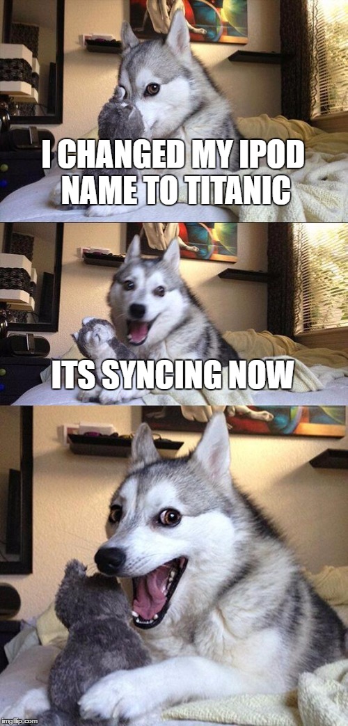 Bad Pun Dog Meme | I CHANGED MY IPOD NAME TO TITANIC; ITS SYNCING NOW | image tagged in memes,bad pun dog | made w/ Imgflip meme maker