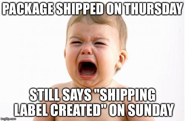 Baby crying  | PACKAGE SHIPPED ON THURSDAY; STILL SAYS "SHIPPING LABEL CREATED" ON SUNDAY | image tagged in baby crying,memes | made w/ Imgflip meme maker