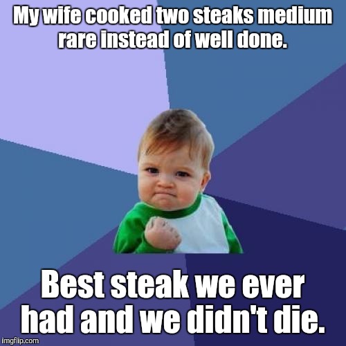 Finally shook one of those old school beliefs about red meat.  | My wife cooked two steaks medium rare instead of well done. Best steak we ever had and we didn't die. | image tagged in memes,success kid | made w/ Imgflip meme maker