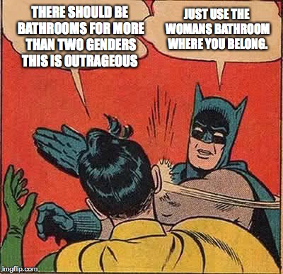 Batman Slapping Robin | THERE SHOULD BE BATHROOMS FOR MORE THAN TWO GENDERS THIS IS OUTRAGEOUS; JUST USE THE WOMANS BATHROOM WHERE YOU BELONG. | image tagged in memes,batman slapping robin | made w/ Imgflip meme maker