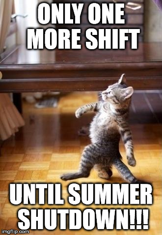 Cool Cat Stroll Meme | ONLY ONE MORE SHIFT; UNTIL SUMMER SHUTDOWN!!! | image tagged in memes,cool cat stroll | made w/ Imgflip meme maker