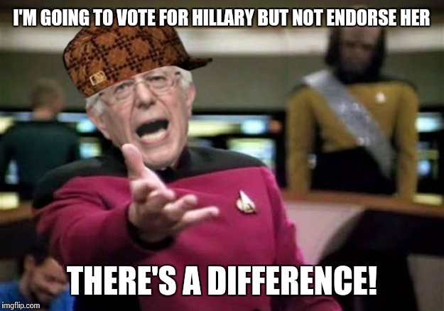 No Bernie, there is most certainly NOT a difference | I'M GOING TO VOTE FOR HILLARY BUT NOT ENDORSE HER; THERE'S A DIFFERENCE! | image tagged in wtf bernie sanders,scumbag | made w/ Imgflip meme maker