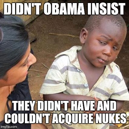 Third World Skeptical Kid Meme | DIDN'T OBAMA INSIST THEY DIDN'T HAVE AND COULDN'T ACQUIRE NUKES | image tagged in memes,third world skeptical kid | made w/ Imgflip meme maker