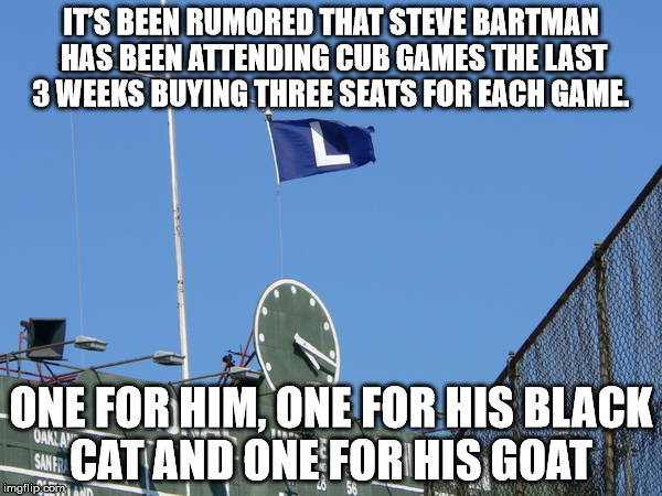 Cubs Lose | IT’S BEEN RUMORED THAT STEVE BARTMAN HAS BEEN ATTENDING CUB GAMES THE LAST 3 WEEKS BUYING THREE SEATS FOR EACH GAME. ONE FOR HIM, ONE FOR HIS BLACK CAT AND ONE FOR HIS GOAT | image tagged in cubs lose | made w/ Imgflip meme maker