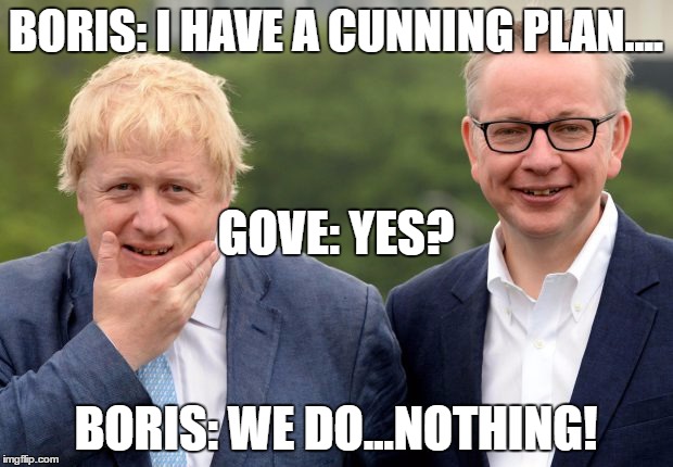Boris-Gove | BORIS: I HAVE A CUNNING PLAN.... GOVE: YES? BORIS: WE DO...NOTHING! | image tagged in boris-gove | made w/ Imgflip meme maker