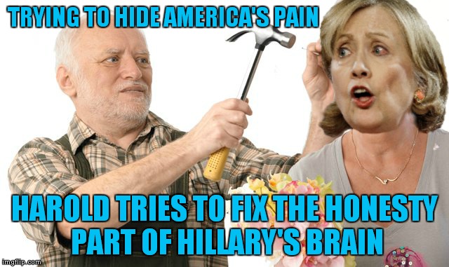 Can Harold nail down the truth? | TRYING TO HIDE AMERICA'S PAIN; HAROLD TRIES TO FIX THE HONESTY PART OF HILLARY'S BRAIN | image tagged in hide the pain harold,hillary clinton,nailed it,truth | made w/ Imgflip meme maker