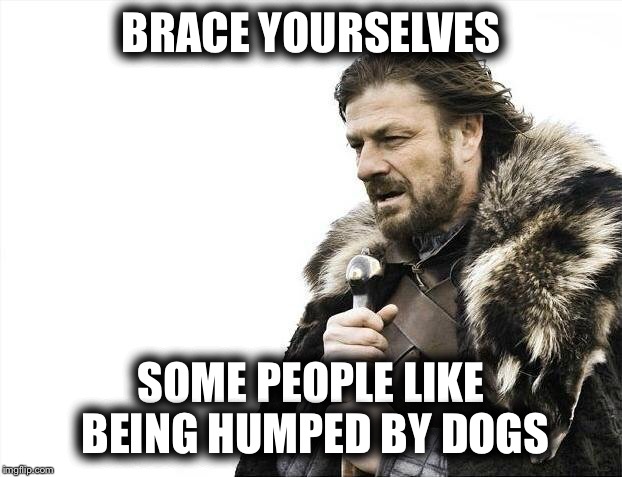 Brace Yourselves X is Coming Meme | BRACE YOURSELVES SOME PEOPLE LIKE BEING HUMPED BY DOGS | image tagged in memes,brace yourselves x is coming | made w/ Imgflip meme maker