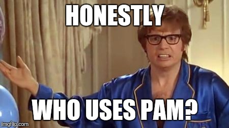 Austin Powers Honestly Meme | HONESTLY; WHO USES PAM? | image tagged in memes,austin powers honestly | made w/ Imgflip meme maker