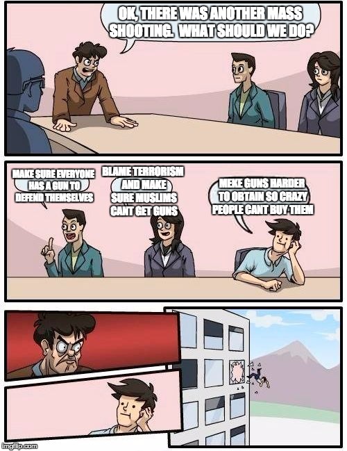 America | OK, THERE WAS ANOTHER MASS SHOOTING.  WHAT SHOULD WE DO? BLAME TERRORISM AND MAKE SURE MUSLIMS CANT GET GUNS; MAKE SURE EVERYONE HAS A GUN TO DEFEND THEMSELVES; MEKE GUNS HARDER TO OBTAIN SO CRAZY PEOPLE CANT BUY THEM | image tagged in memes,boardroom meeting suggestion | made w/ Imgflip meme maker