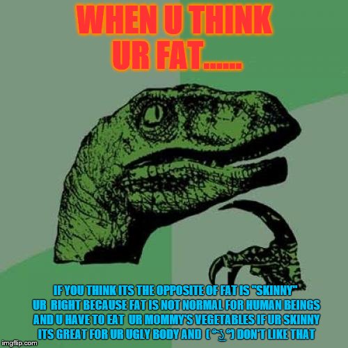 Philosoraptor | WHEN U THINK UR FAT...... IF YOU THINK ITS THE OPPOSITE OF FAT IS "SKINNY" UR  RIGHT BECAUSE FAT IS NOT NORMAL FOR HUMAN BEINGS AND U HAVE TO EAT  UR MOMMY'S VEGETABLES IF UR SKINNY ITS GREAT FOR UR UGLY BODY AND  ( ͡° ͜ʖ ͡°) DON'T LIKE THAT | image tagged in memes,philosoraptor | made w/ Imgflip meme maker