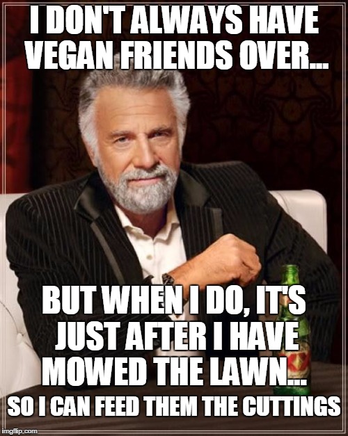 The Most Interesting Man In The World Meme | I DON'T ALWAYS HAVE VEGAN FRIENDS OVER... BUT WHEN I DO, IT'S JUST AFTER I HAVE MOWED THE LAWN... SO I CAN FEED THEM THE CUTTINGS | image tagged in memes,the most interesting man in the world | made w/ Imgflip meme maker