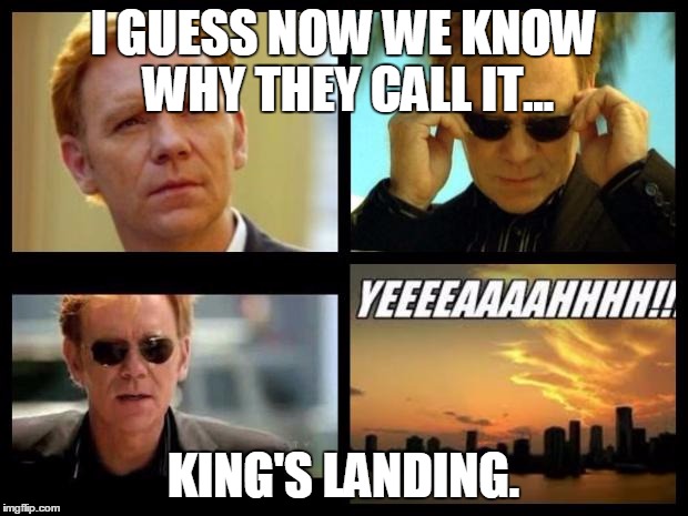 CSI | I GUESS NOW WE KNOW WHY THEY CALL IT... KING'S LANDING. | image tagged in csi | made w/ Imgflip meme maker