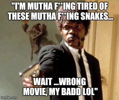 Say That Again I Dare You | "I'M MUTHA F**ING TIRED OF THESE MUTHA F**ING SNAKES... WAIT ...WRONG MOVIE, MY BADD LOL" | image tagged in memes,say that again i dare you | made w/ Imgflip meme maker