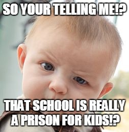 Skeptical Baby Meme | SO YOUR TELLING ME!? THAT SCHOOL IS REALLY A PRISON FOR KIDS!? | image tagged in memes,skeptical baby | made w/ Imgflip meme maker