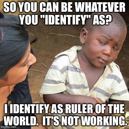 Third World Skeptical Kid Meme | SO YOU CAN BE WHATEVER YOU "IDENTIFY" AS? I IDENTIFY AS RULER OF THE WORLD.  IT'S NOT WORKING. | image tagged in memes,third world skeptical kid | made w/ Imgflip meme maker
