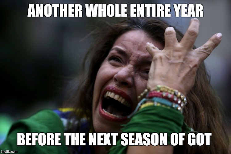 Another year until Game of Thrones?!? Why, Gods? Whyyyyy | ANOTHER WHOLE ENTIRE YEAR; BEFORE THE NEXT SEASON OF GOT | image tagged in game of thrones | made w/ Imgflip meme maker