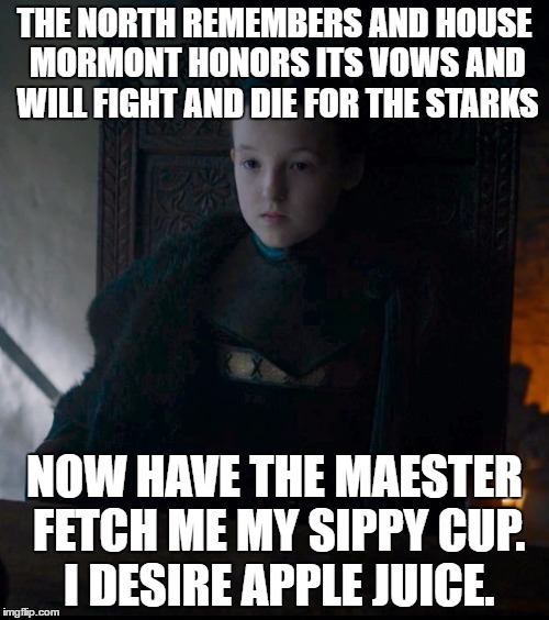 Lady mormont | THE NORTH REMEMBERS AND HOUSE MORMONT HONORS ITS VOWS AND WILL FIGHT AND DIE FOR THE STARKS; NOW HAVE THE MAESTER FETCH ME MY SIPPY CUP. I DESIRE APPLE JUICE. | image tagged in lady mormont | made w/ Imgflip meme maker