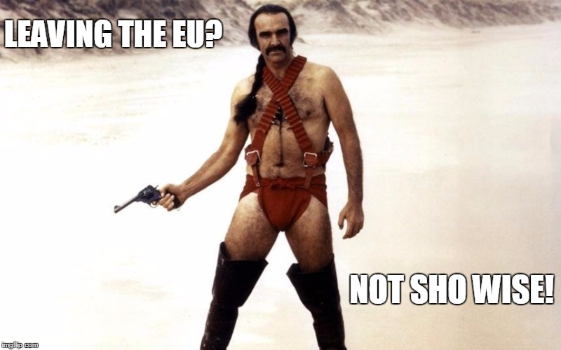 Zardoz brexit | LEAVING THE EU? NOT SHO WISE! | image tagged in zardoz brexit | made w/ Imgflip meme maker