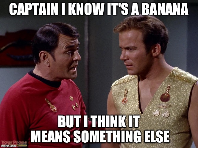 Mirror mirror Scotty or Kirk | CAPTAIN I KNOW IT'S A BANANA BUT I THINK IT MEANS SOMETHING ELSE | image tagged in mirror mirror scotty or kirk | made w/ Imgflip meme maker