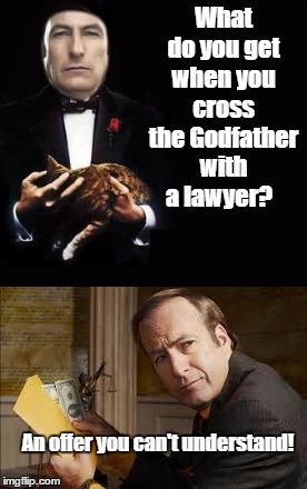 Better Call Saul meets the Godfather | What do you get when you cross the Godfather with a lawyer? An offer you can't understand! | image tagged in memes,funny,godfather,saul knows a guy | made w/ Imgflip meme maker