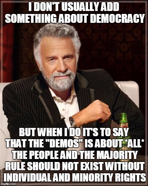 The Most Interesting Man In The World | I DON'T USUALLY ADD SOMETHING ABOUT DEMOCRACY; BUT WHEN I DO IT'S TO SAY THAT THE "DEMOS" IS ABOUT *ALL* THE PEOPLE AND THE MAJORITY RULE SHOULD NOT EXIST WITHOUT INDIVIDUAL AND MINORITY RIGHTS | image tagged in memes,the most interesting man in the world | made w/ Imgflip meme maker