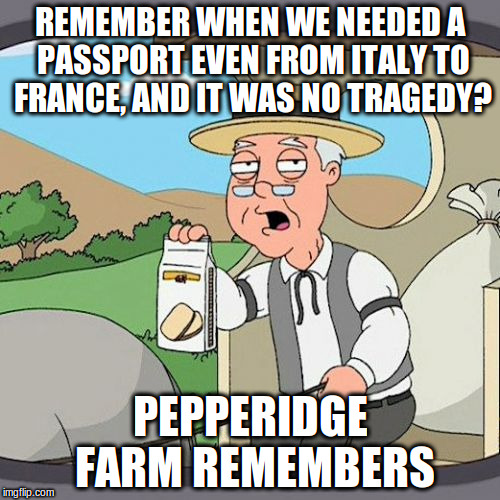 No, seriously, what's all this fuss about? | REMEMBER WHEN WE NEEDED A PASSPORT EVEN FROM ITALY TO FRANCE, AND IT WAS NO TRAGEDY? PEPPERIDGE FARM REMEMBERS | image tagged in memes,pepperidge farm remembers,brexit,eu referendum | made w/ Imgflip meme maker