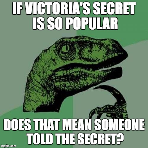 Philosoraptor | IF VICTORIA'S SECRET IS SO POPULAR; DOES THAT MEAN SOMEONE TOLD THE SECRET? | image tagged in memes,philosoraptor | made w/ Imgflip meme maker