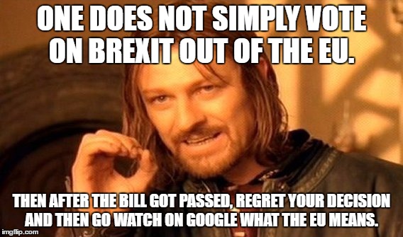 One Does Not Simply | ONE DOES NOT SIMPLY VOTE ON BREXIT OUT OF THE EU. THEN AFTER THE BILL GOT PASSED, REGRET YOUR DECISION AND THEN GO WATCH ON GOOGLE WHAT THE EU MEANS. | image tagged in memes,one does not simply | made w/ Imgflip meme maker
