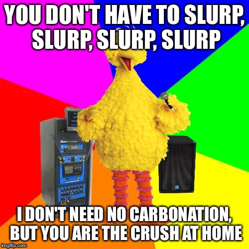 Wrong lyrics karaoke big bird | YOU DON'T HAVE TO SLURP, SLURP, SLURP, SLURP; I DON'T NEED NO CARBONATION, BUT YOU ARE THE CRUSH AT HOME | image tagged in wrong lyrics karaoke big bird,memes,sith harmony | made w/ Imgflip meme maker