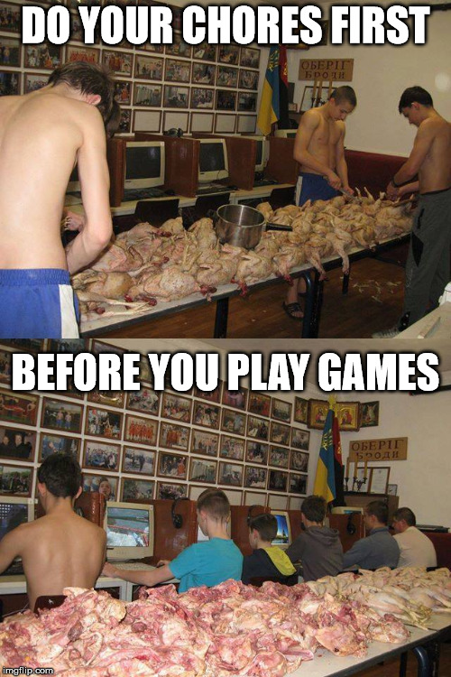 Stuff Your Chickens! | DO YOUR CHORES FIRST; BEFORE YOU PLAY GAMES | image tagged in cs_chicken,gaming,chickens | made w/ Imgflip meme maker