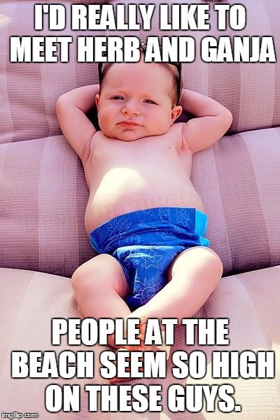 Relaxed Baby | I'D REALLY LIKE TO MEET HERB AND GANJA; PEOPLE AT THE BEACH SEEM SO HIGH ON THESE GUYS. | image tagged in relaxed baby | made w/ Imgflip meme maker