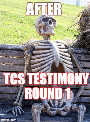 Waiting Skeleton | AFTER; TCS TESTIMONY ROUND 1 | image tagged in memes,waiting skeleton | made w/ Imgflip meme maker