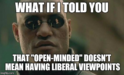 Matrix Morpheus | WHAT IF I TOLD YOU; THAT "OPEN-MINDED" DOESN'T MEAN HAVING LIBERAL VIEWPOINTS | image tagged in memes,matrix morpheus | made w/ Imgflip meme maker