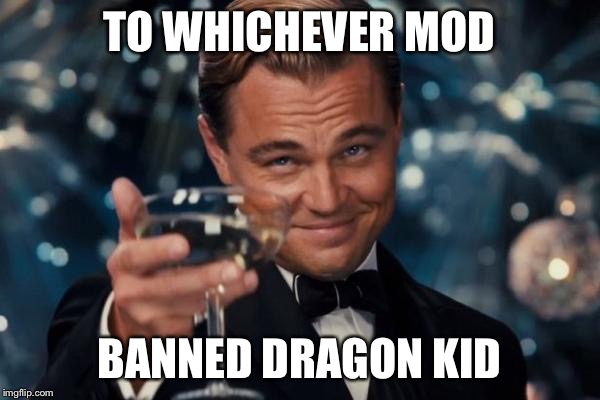 To whoever banned dragon kid... | TO WHICHEVER MOD; BANNED DRAGON KID | image tagged in memes,leonardo dicaprio cheers,dragon kid,banned,imgflip | made w/ Imgflip meme maker