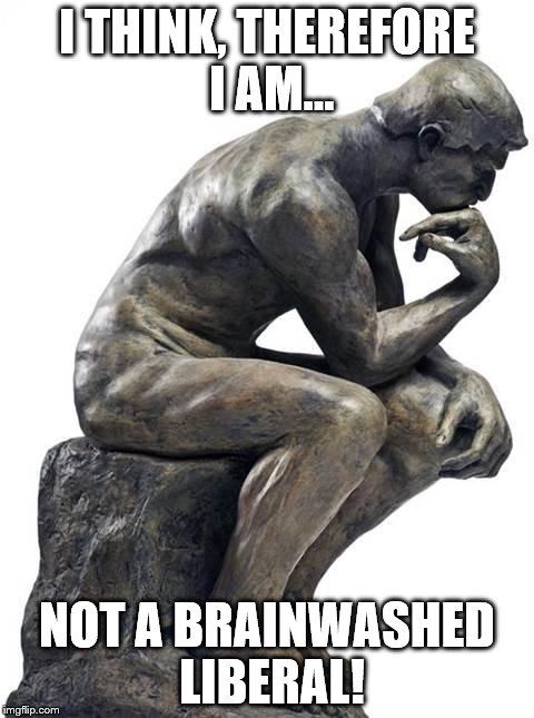 Thinking Man Statue | I THINK, THEREFORE I AM... NOT A BRAINWASHED LIBERAL! | image tagged in thinking man statue | made w/ Imgflip meme maker