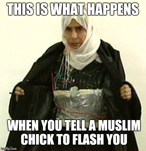 Isis Pinup | THIS IS WHAT HAPPENS; WHEN YOU TELL A MUSLIM CHICK TO FLASH YOU | image tagged in isis pinup | made w/ Imgflip meme maker
