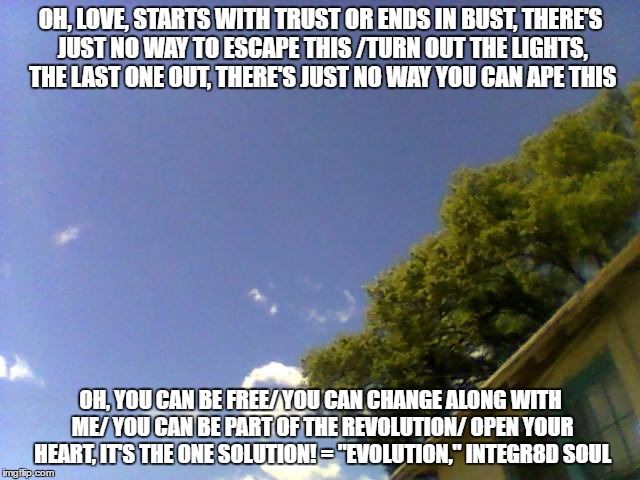 OH, LOVE, STARTS WITH TRUST
OR ENDS IN BUST, THERE'S JUST NO WAY TO ESCAPE THIS
/TURN OUT THE LIGHTS, THE LAST ONE OUT, THERE'S JUST NO WAY YOU CAN APE THIS; OH, YOU CAN BE FREE/ YOU CAN CHANGE ALONG WITH ME/ YOU CAN BE PART OF THE REVOLUTION/ OPEN YOUR HEART, IT'S THE ONE SOLUTION! = "EVOLUTION," INTEGR8D SOUL | image tagged in evolution | made w/ Imgflip meme maker