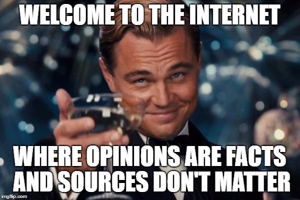 Leonardo Dicaprio Cheers Meme | WELCOME TO THE INTERNET WHERE OPINIONS ARE FACTS AND SOURCES DON'T MATTER | image tagged in memes,leonardo dicaprio cheers | made w/ Imgflip meme maker