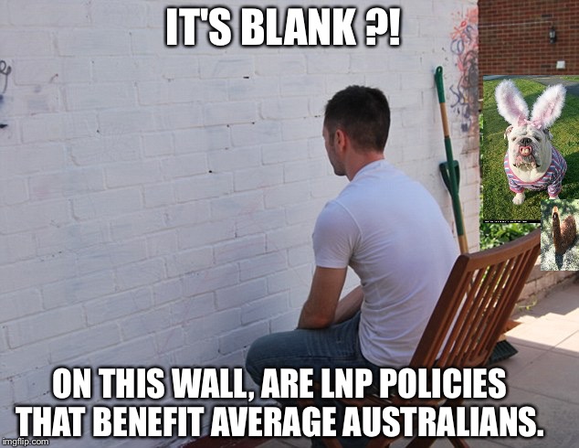 Paint dry | IT'S BLANK ?! ON THIS WALL, ARE LNP POLICIES THAT BENEFIT AVERAGE AUSTRALIANS. | image tagged in paint dry | made w/ Imgflip meme maker