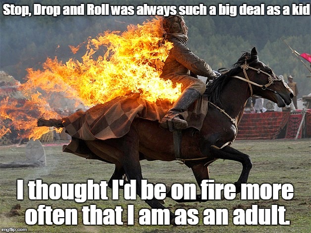 I remember this from school. This in particular was a waste of time.  | Stop, Drop and Roll was always such a big deal as a kid; I thought I'd be on fire more often that I am as an adult. | image tagged in horseman,funny meme | made w/ Imgflip meme maker