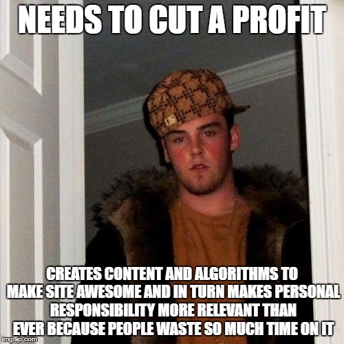 Scumbag Steve Meme | NEEDS TO CUT A PROFIT; CREATES CONTENT AND ALGORITHMS TO MAKE SITE AWESOME AND IN TURN MAKES PERSONAL RESPONSIBILITY MORE RELEVANT THAN EVER BECAUSE PEOPLE WASTE SO MUCH TIME ON IT | image tagged in memes,scumbag steve | made w/ Imgflip meme maker